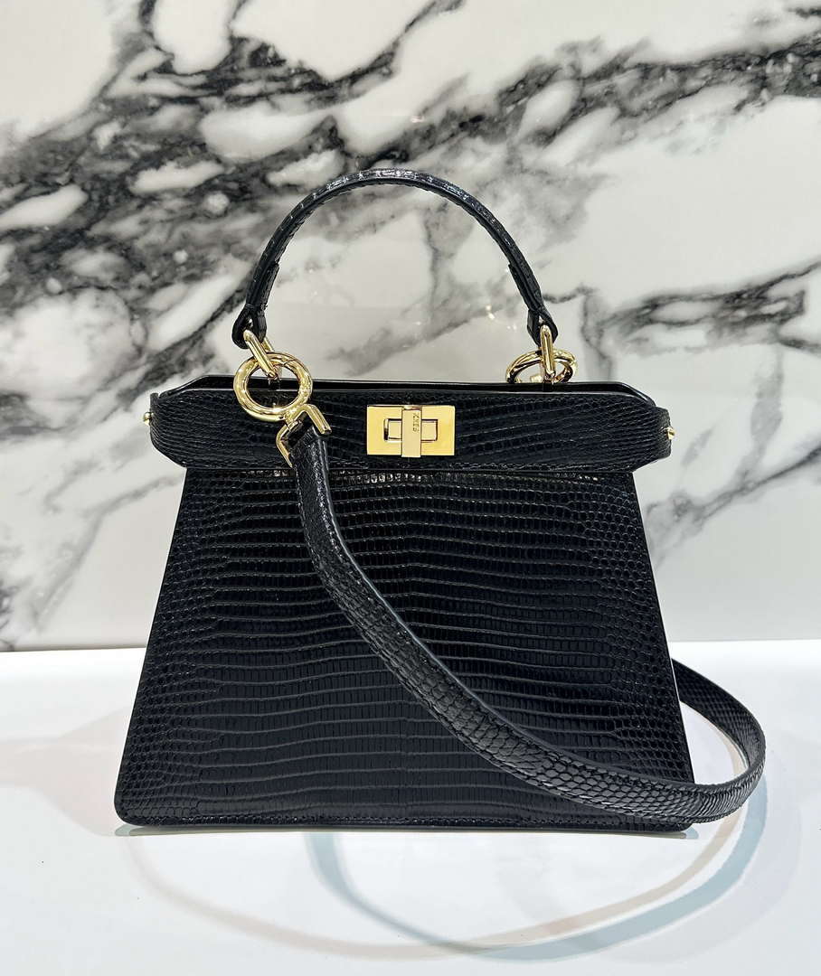 Fendi 8BN335 Peekaboo ISeeU Petite Black Lizard Skin Leather Bag 66802