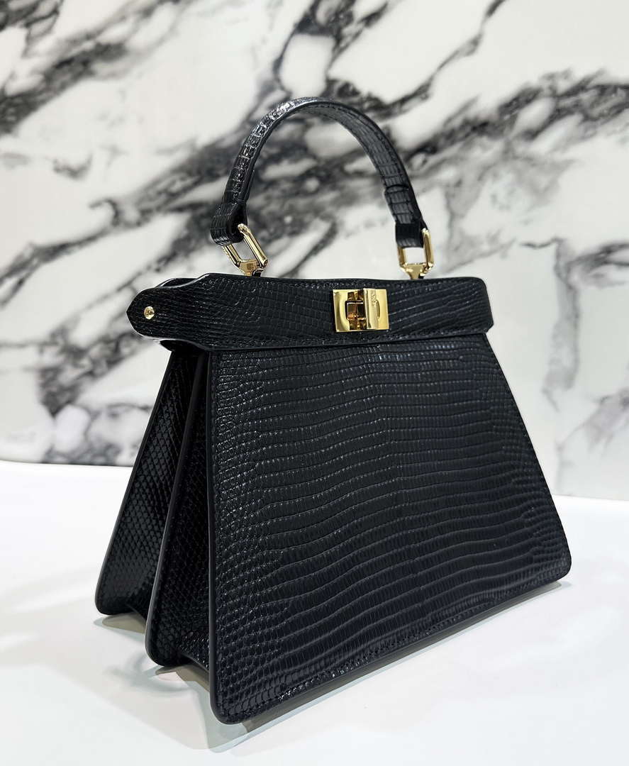 Fendi 8BN335 Peekaboo ISeeU Petite Black Lizard Skin Leather Bag 66802