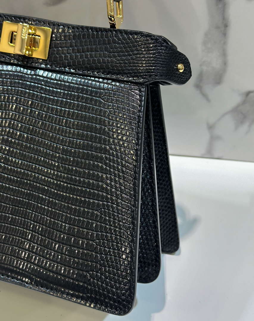 Fendi 8BN335 Peekaboo ISeeU Petite Black Lizard Skin Leather Bag 66802