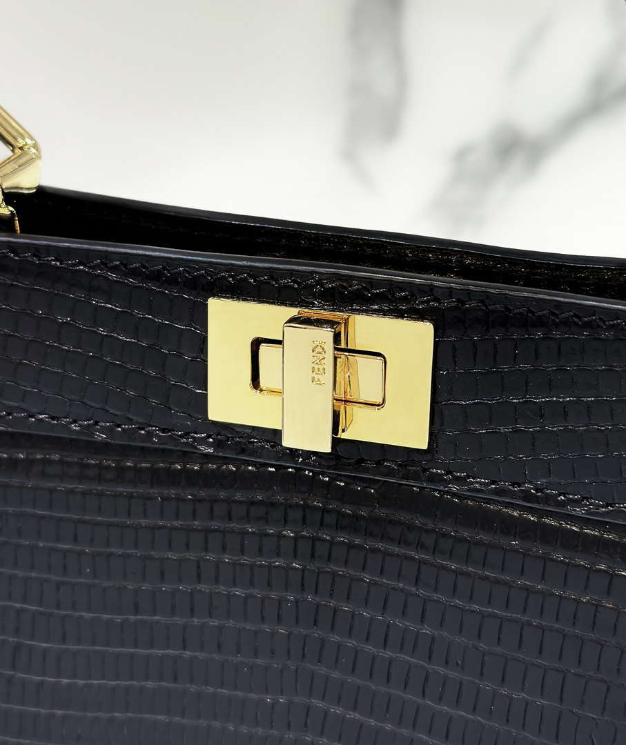 Fendi 8BN335 Peekaboo ISeeU Petite Black Lizard Skin Leather Bag 66802