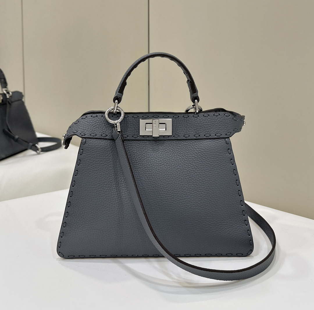 Fendi 8BN335 Peekaboo ISeeU Petite Gray Selleria bag with 306 hand-sewn topstitches 80133As