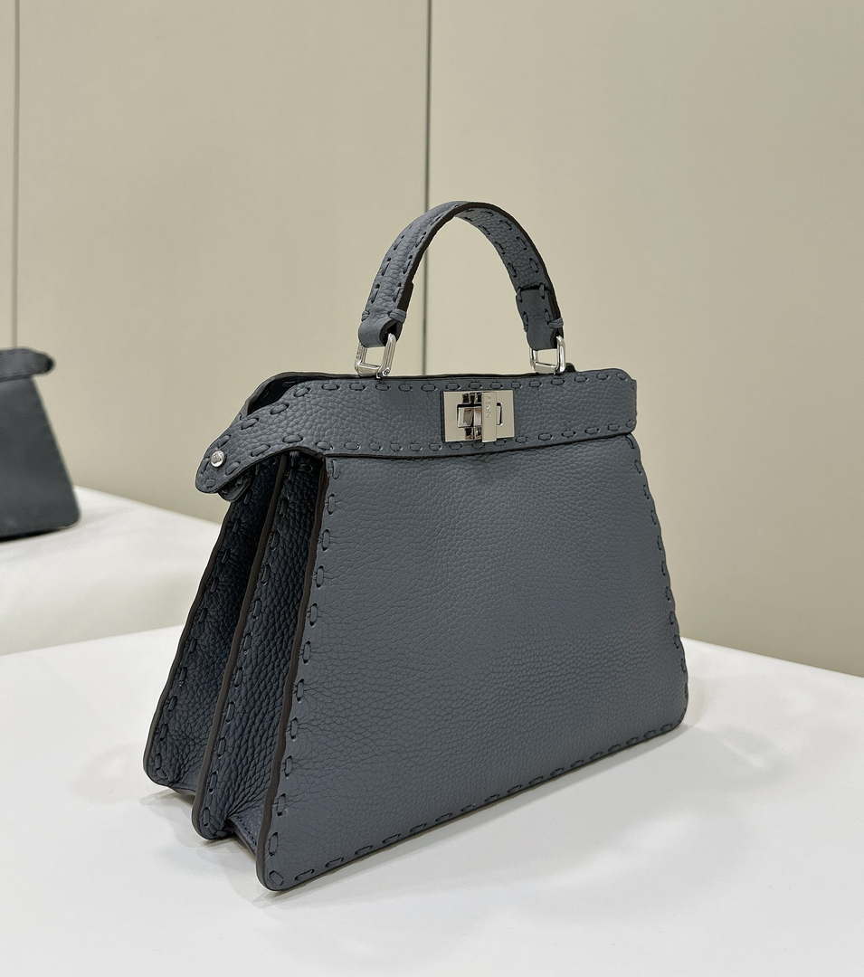 Fendi 8BN335 Peekaboo ISeeU Petite Gray Selleria bag with 306 hand-sewn topstitches 80133As