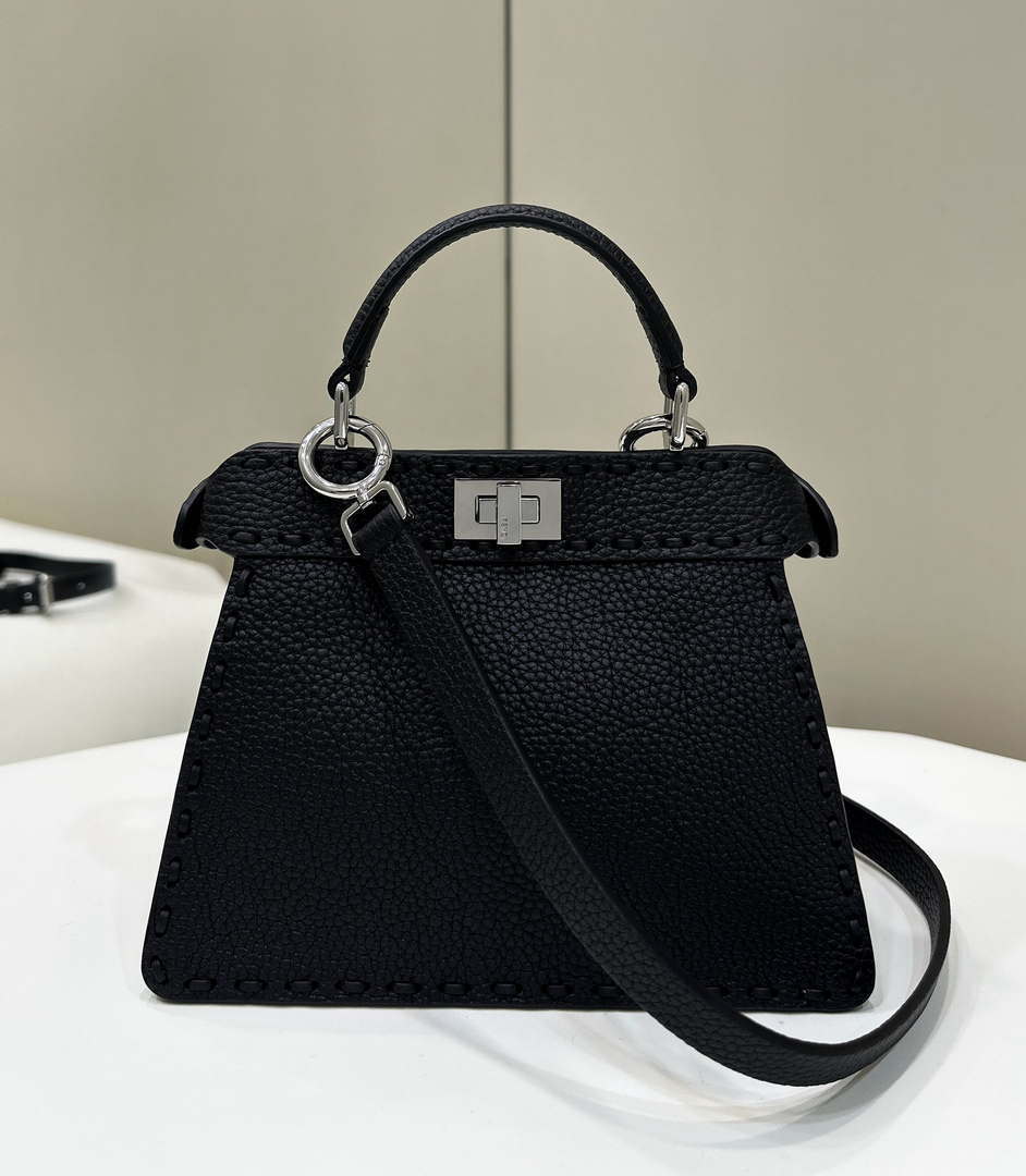 Fendi 8BN335 Peekaboo ISeeU Petite Black Selleria bag with 306 hand-sewn topstitches 80133As