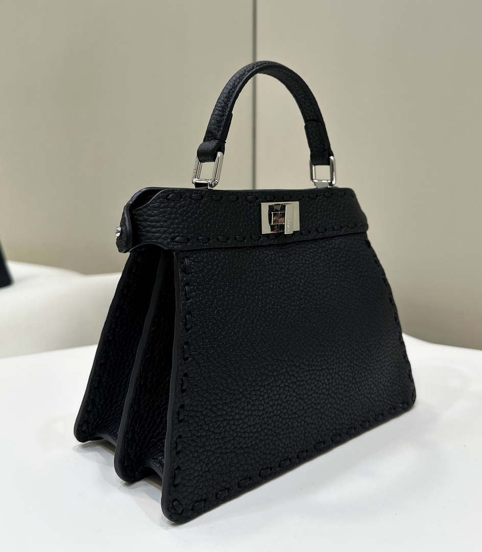 Fendi 8BN335 Peekaboo ISeeU Petite Black Selleria bag with 306 hand-sewn topstitches 80133As