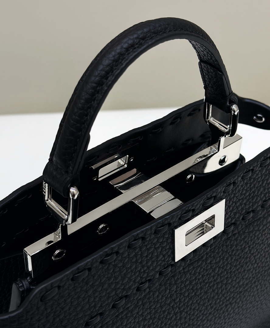 Fendi 8BN335 Peekaboo ISeeU Petite Black Selleria bag with 306 hand-sewn topstitches 80133As