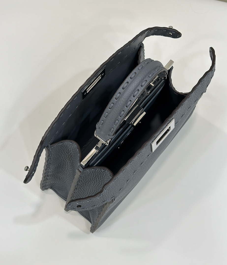 Fendi 8BN335 Peekaboo ISeeU Petite Gray Selleria bag with 306 hand-sewn topstitches 80133As