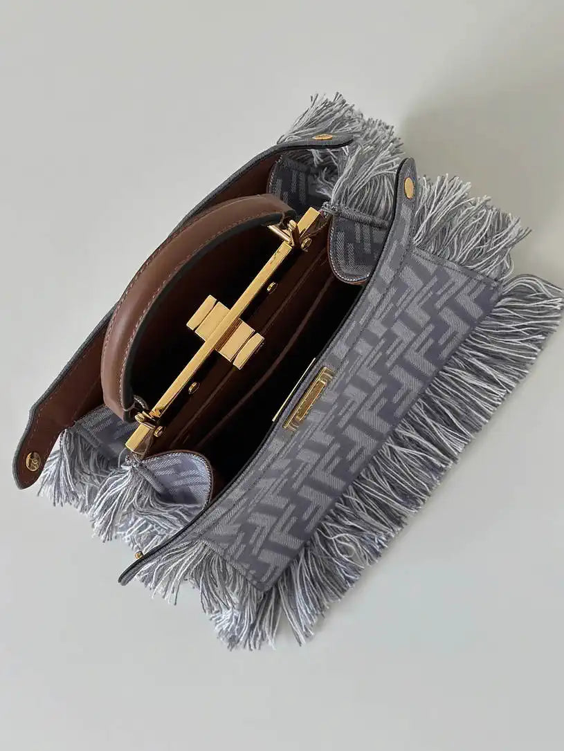 Fendi 8BN335 Peekaboo ISeeU Petite Blue denim-effect FF jacquard bag