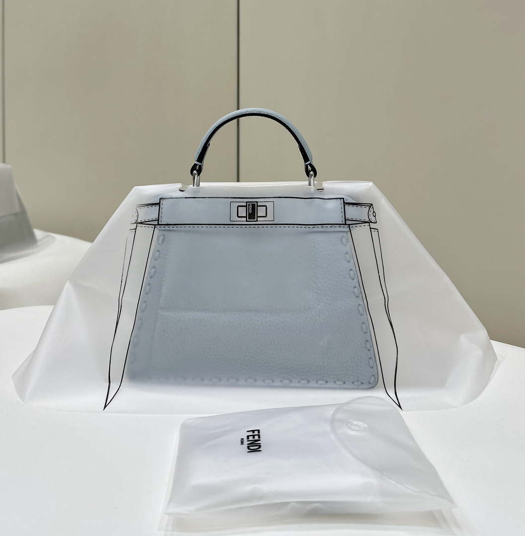 Fendi 8BN335 Peekaboo ISeeU Petite Blue Selleria bag with 306 hand-sewn topstitches 80133AS