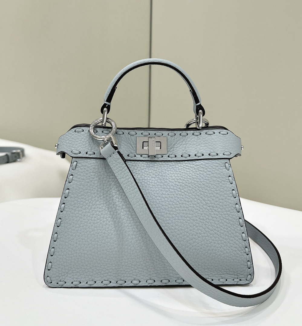 Fendi 8BN335 Peekaboo ISeeU Petite Blue Selleria bag with 306 hand-sewn topstitches 80133AS