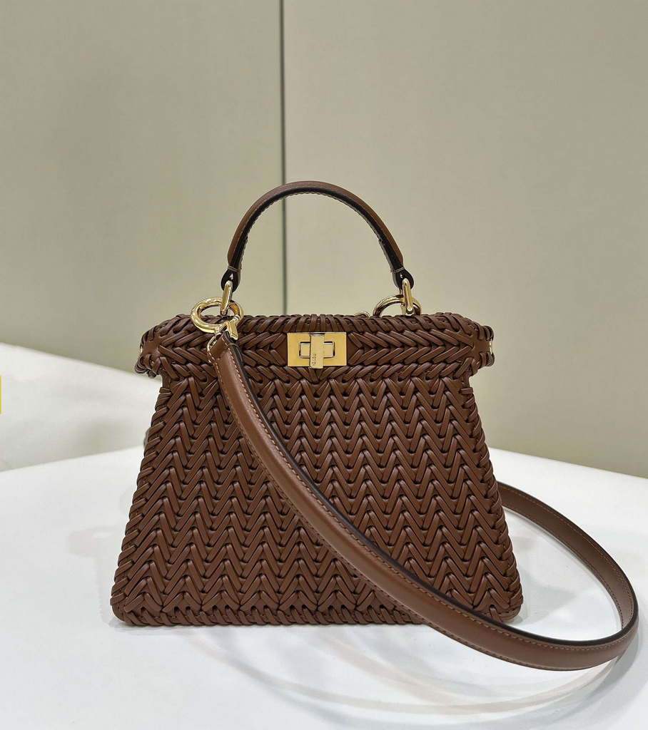 Fendi 8BN335 Peekaboo ISeeU Petite Caramel interlace leather bag 80138S