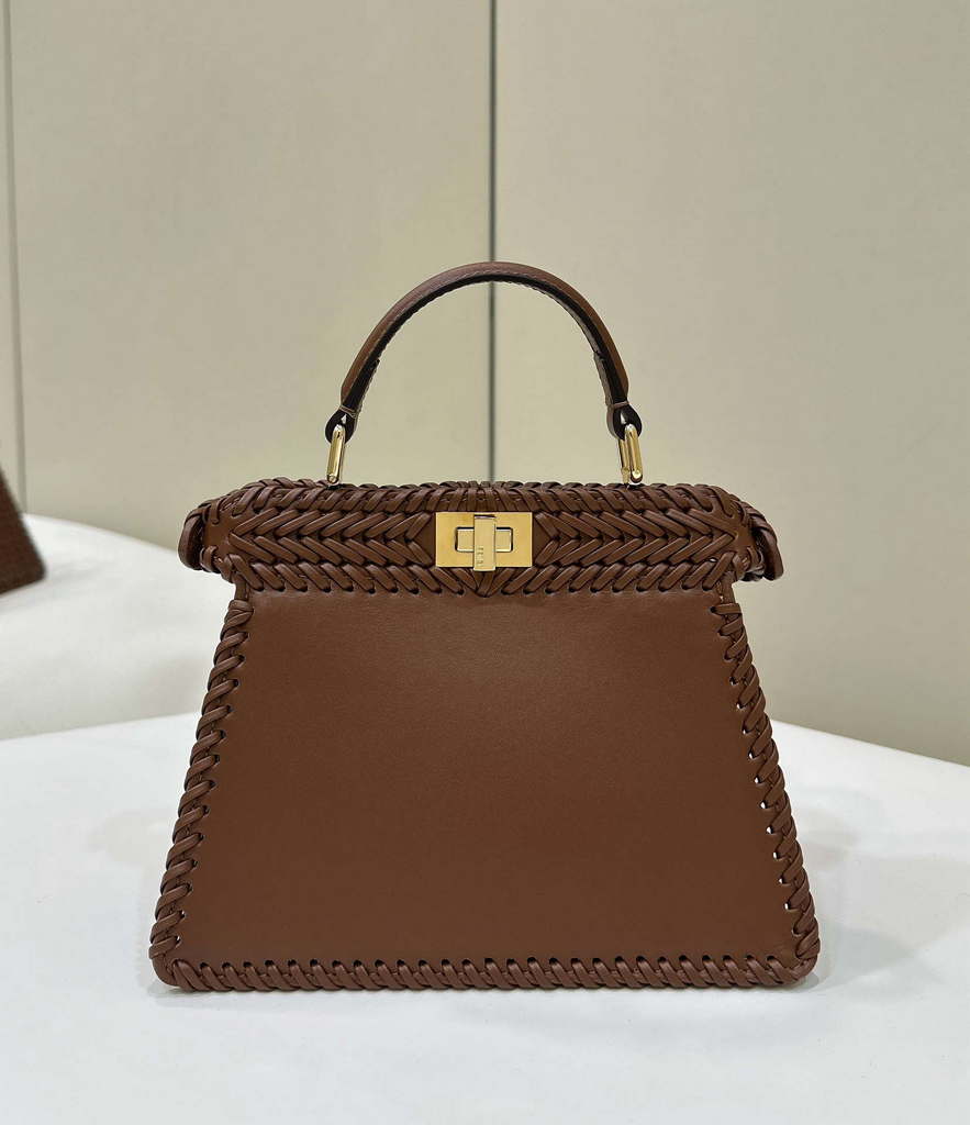 Fendi 8BN335 Peekaboo ISeeU Petite Caramel interlace leather bag 80138S