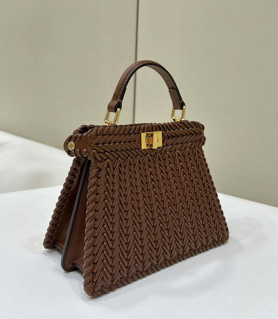 Fendi 8BN335 Peekaboo ISeeU Petite Caramel interlace leather bag 80138S