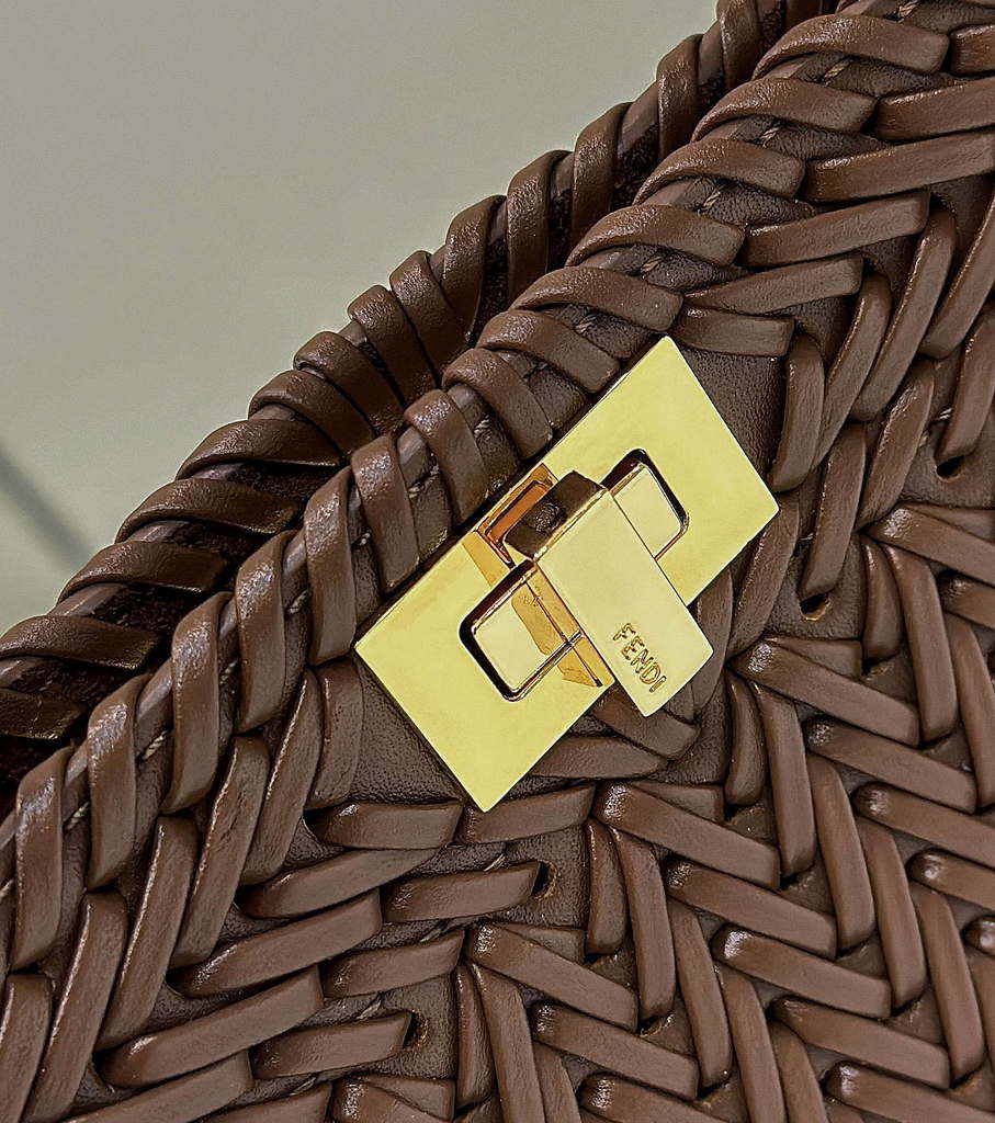 Fendi 8BN335 Peekaboo ISeeU Petite Caramel interlace leather bag 80138S