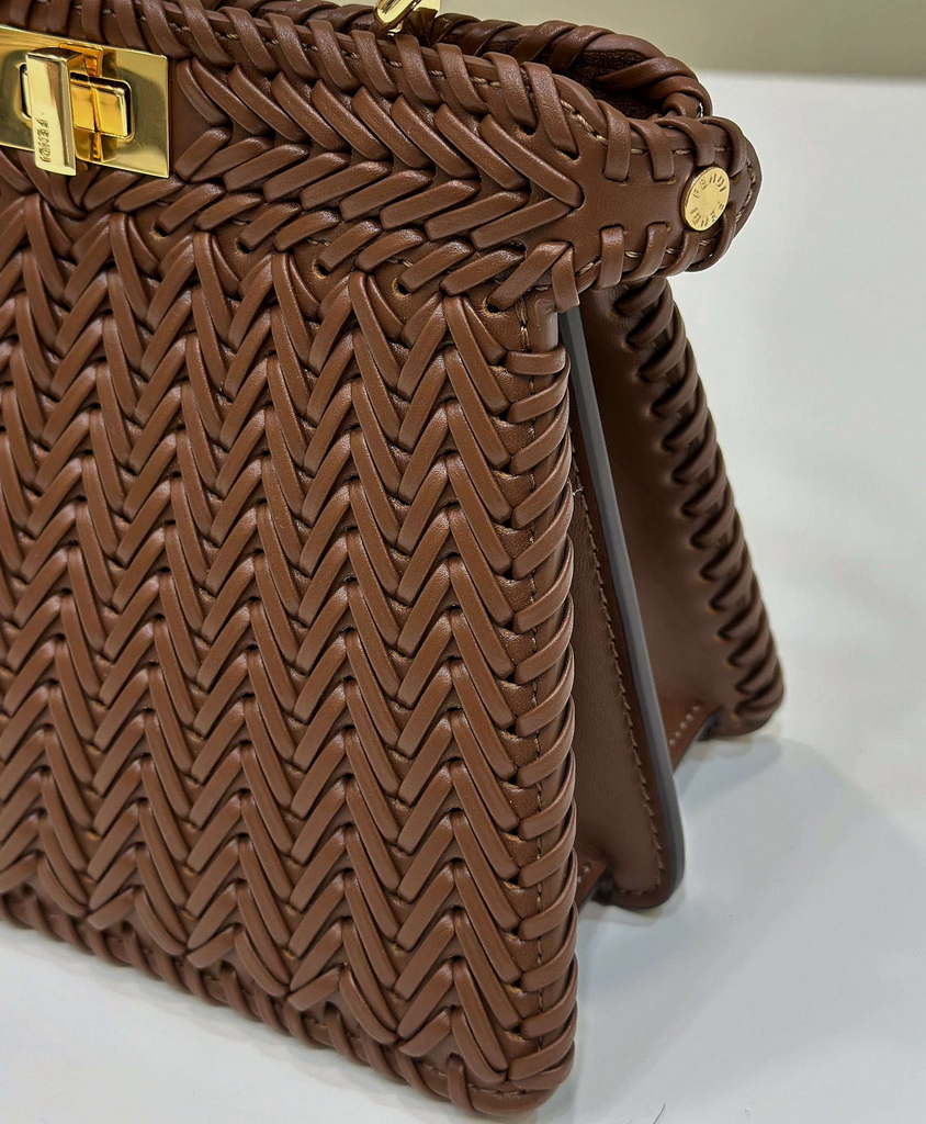 Fendi 8BN335 Peekaboo ISeeU Petite Caramel interlace leather bag 80138S