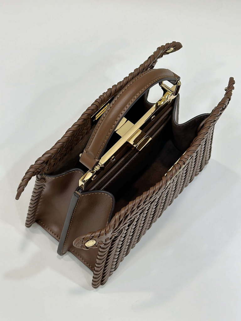 Fendi 8BN335 Peekaboo ISeeU Petite Caramel interlace leather bag 80138S