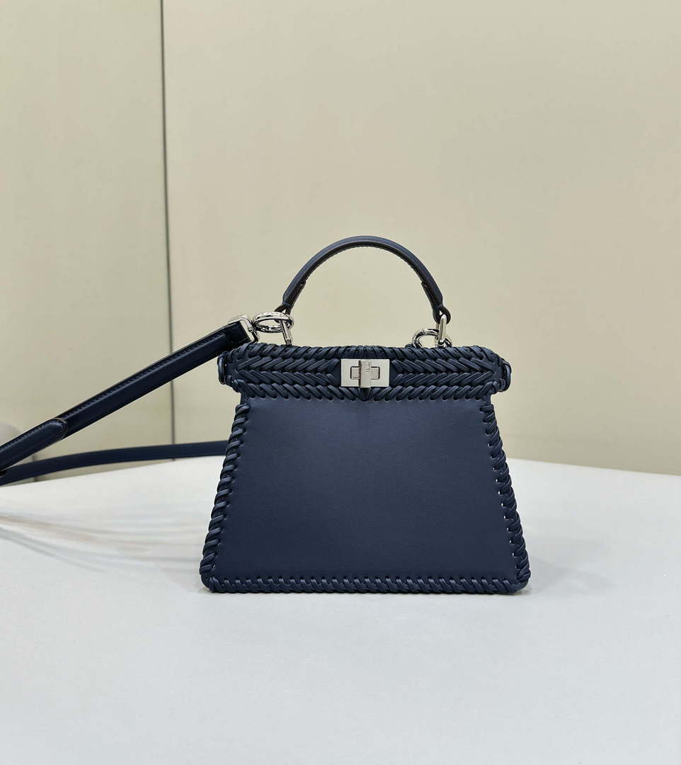 Fendi 8BN335 Peekaboo ISeeU Petite Dark Blue interlace leather bag 80138S