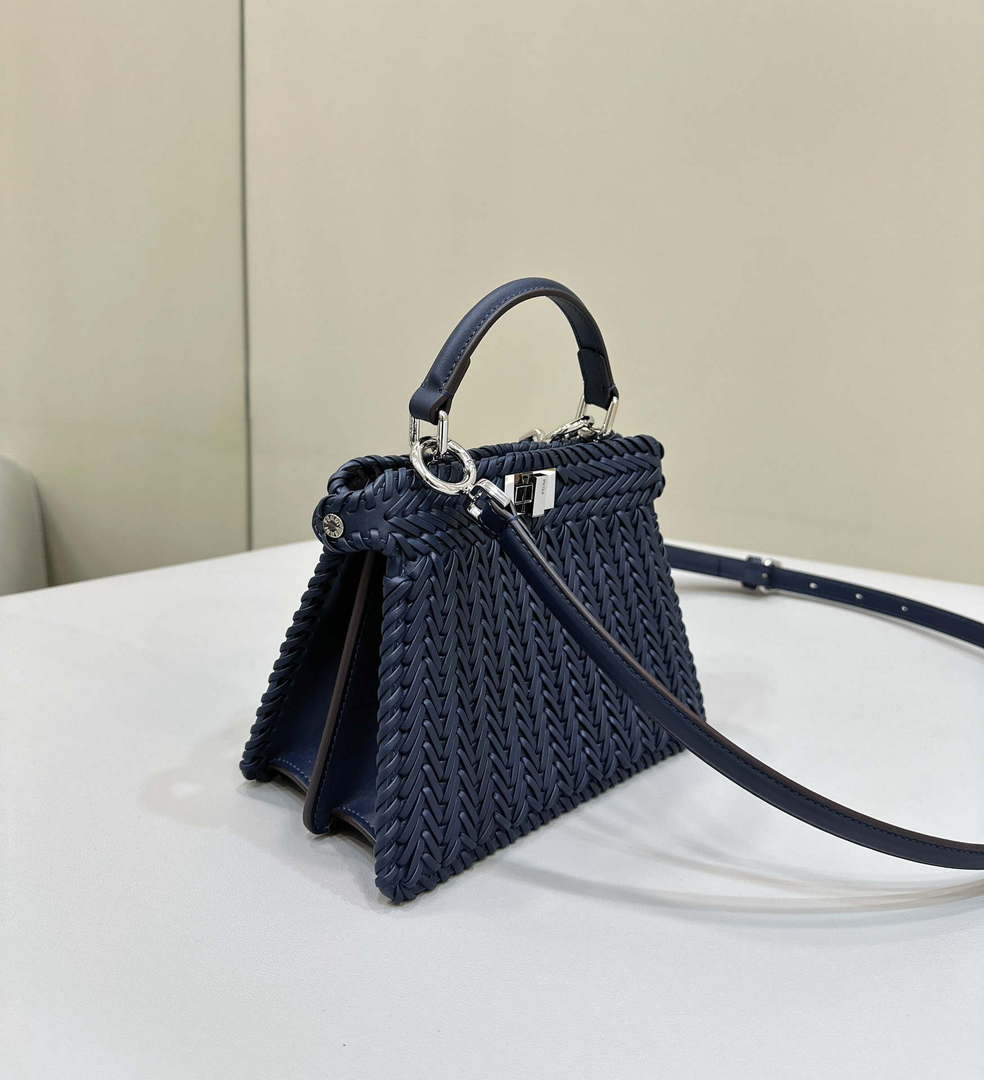 Fendi 8BN335 Peekaboo ISeeU Petite Dark Blue interlace leather bag 80138S