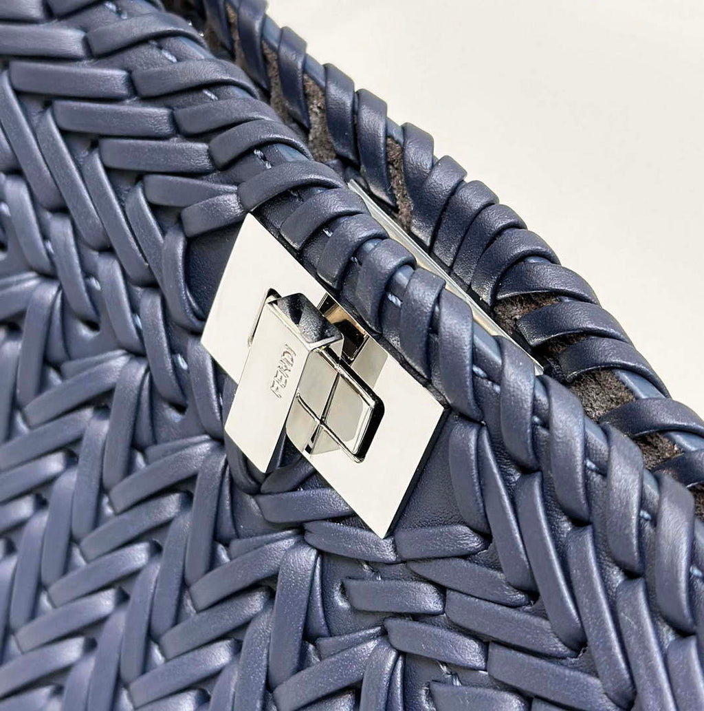 Fendi 8BN335 Peekaboo ISeeU Petite Dark Blue interlace leather bag 80138S
