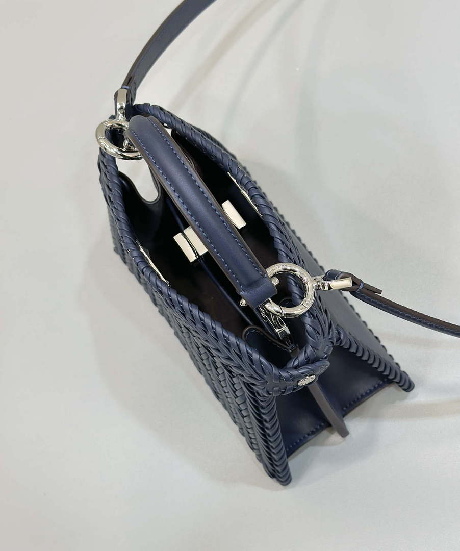 Fendi 8BN335 Peekaboo ISeeU Petite Dark Blue interlace leather bag 80138S