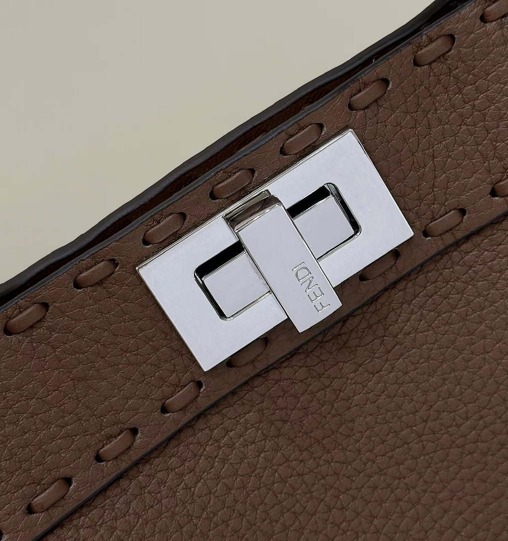 Fendi 8BN335 Peekaboo ISeeU Petite Dark Brown Selleria bag with 306 hand-sewn topstitches 80133AS
