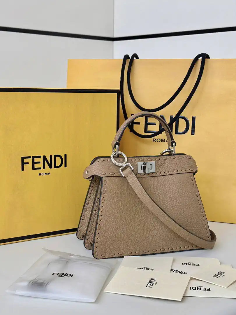 Fendi 8BN335 Peekaboo ISeeU Petite Selleria bag with 306 hand-sewn topstitches Apricot  80133As