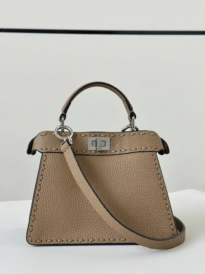 Fendi 8BN335 Peekaboo ISeeU Petite Selleria bag with 306 hand-sewn topstitches Apricot  80133As