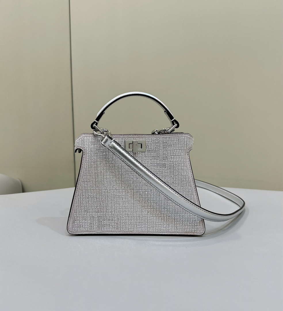 Fendi 8BN335 Peekaboo ISeeU Petite Silver Leather Bag with FF crystals Motif 8635
