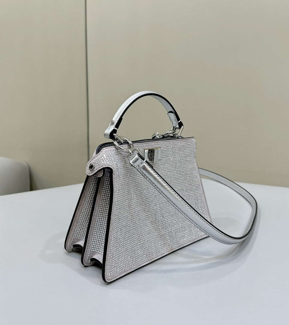 Fendi 8BN335 Peekaboo ISeeU Petite Silver Leather Bag with FF crystals Motif 8635