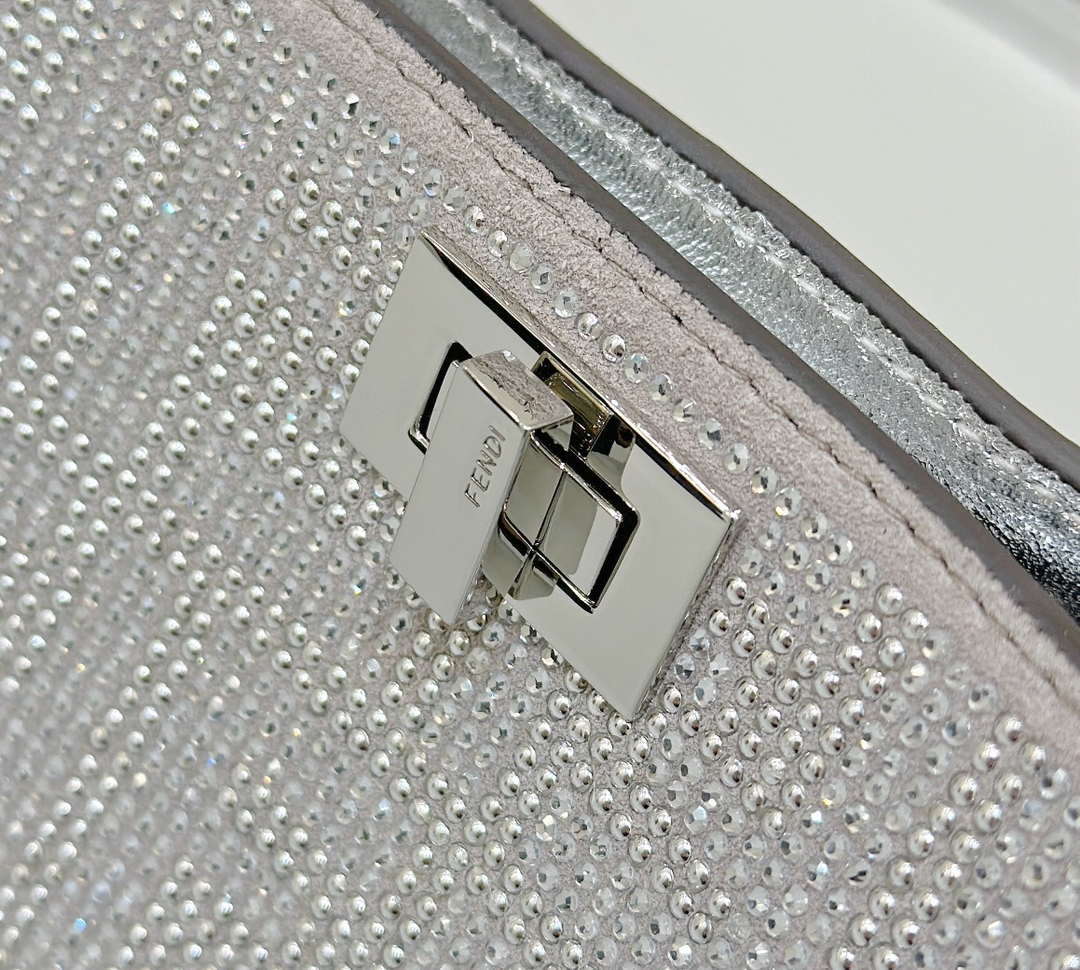 Fendi 8BN335 Peekaboo ISeeU Petite Silver Leather Bag with FF crystals Motif 8635