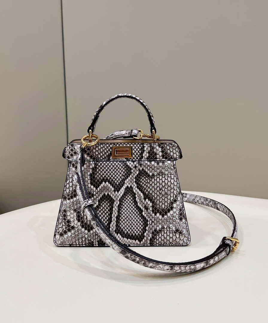 Fendi 8BN335 Peekaboo ISeeU Petite Snakeskin Gray Padded Nappa Leather Bag