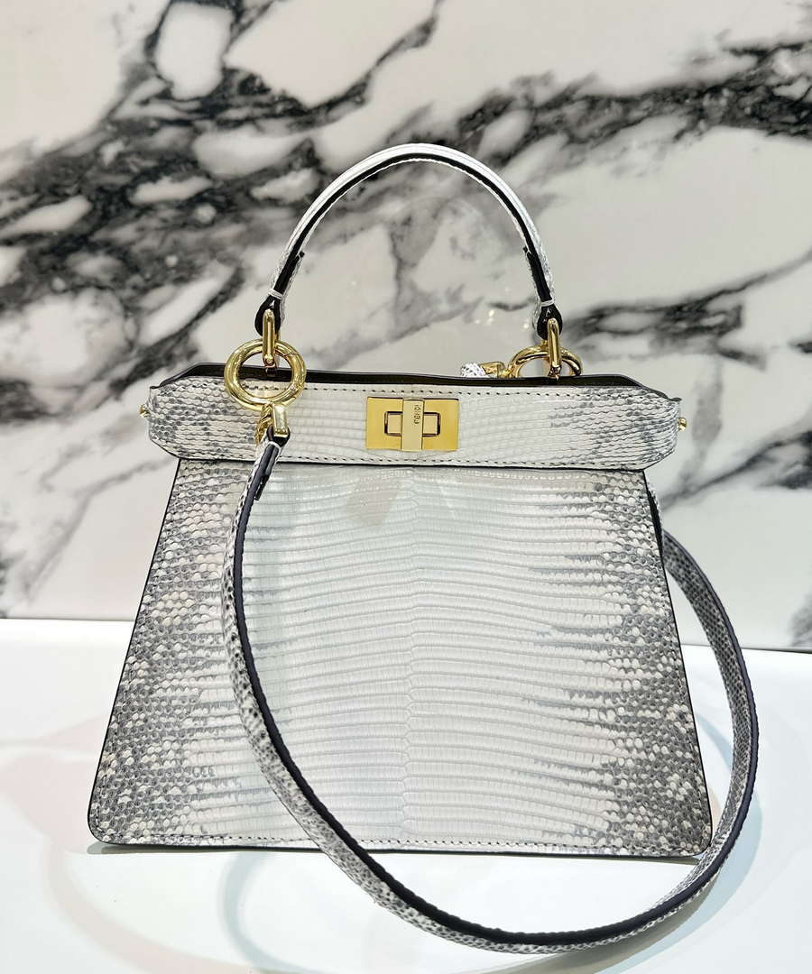 Fendi 8BN335 Peekaboo ISeeU Petite White and Gray Lizard Skin Leather Bag 66802 - Default Title - View 1