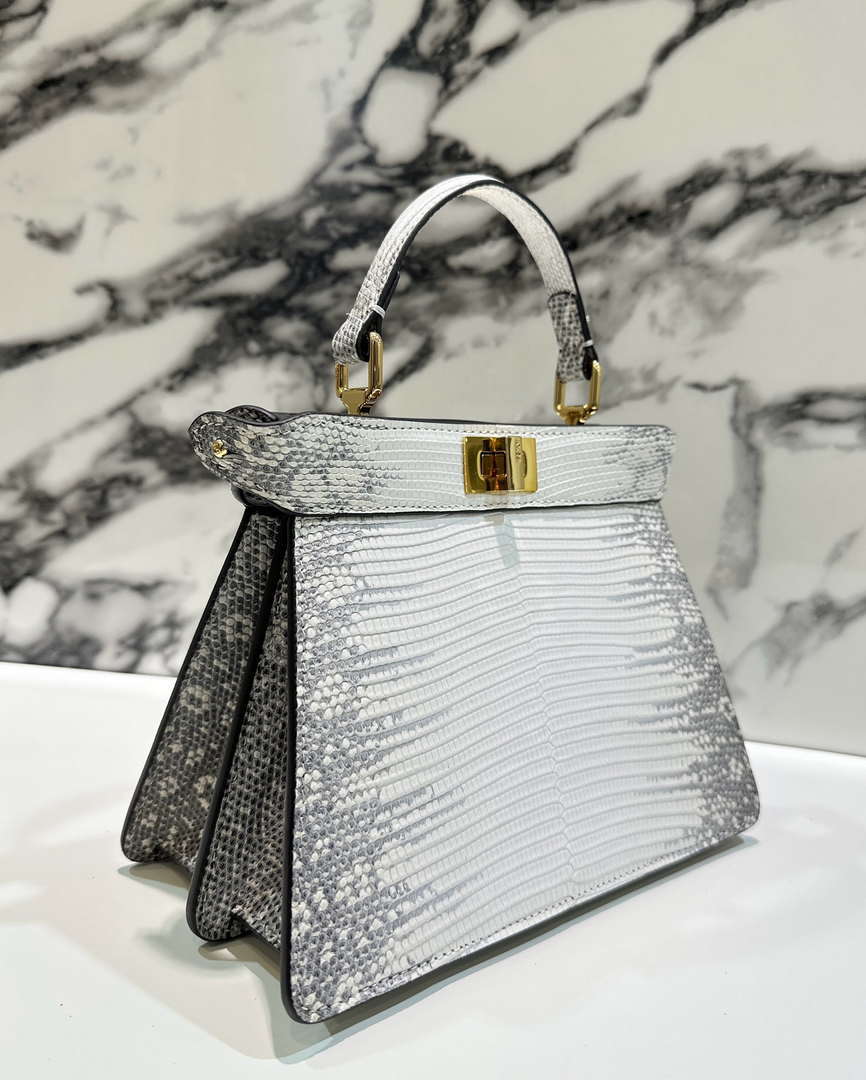 Fendi 8BN335 Peekaboo ISeeU Petite White and Gray Lizard Skin Leather Bag 66802