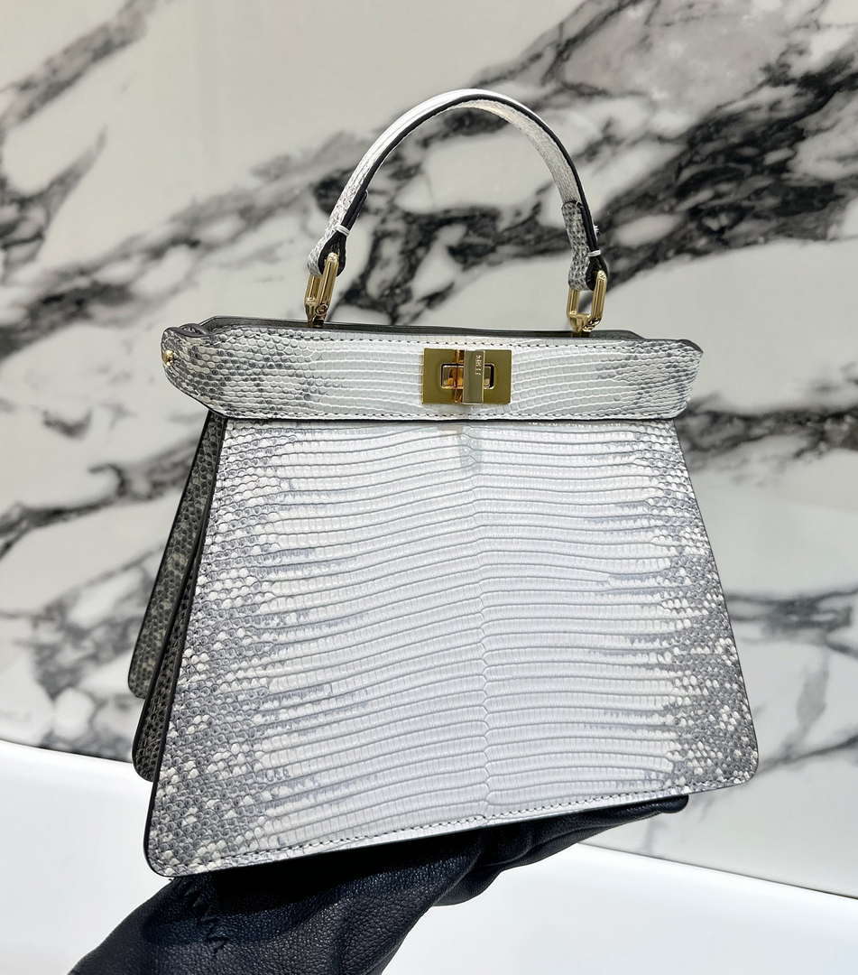 Fendi 8BN335 Peekaboo ISeeU Petite White and Gray Lizard Skin Leather Bag 66802