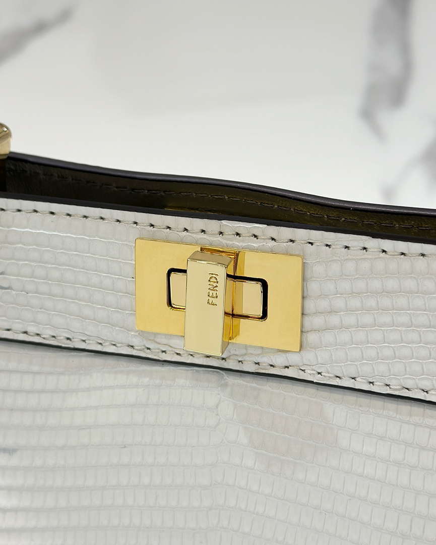 Fendi 8BN335 Peekaboo ISeeU Petite White and Gray Lizard Skin Leather Bag 66802