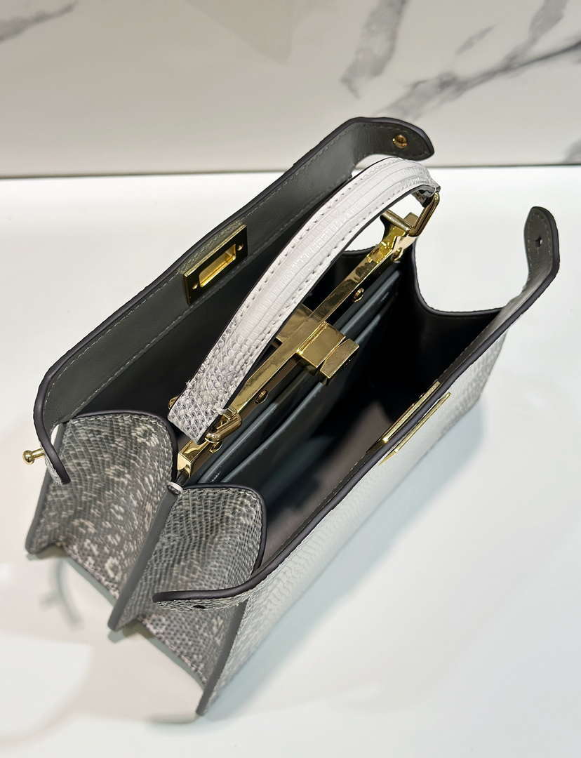 Fendi 8BN335 Peekaboo ISeeU Petite White and Gray Lizard Skin Leather Bag 66802