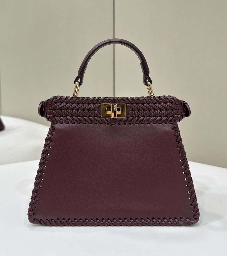 Fendi 8BN335 Peekaboo ISeeU Petite Wine Red  interlace leather bag 80138S