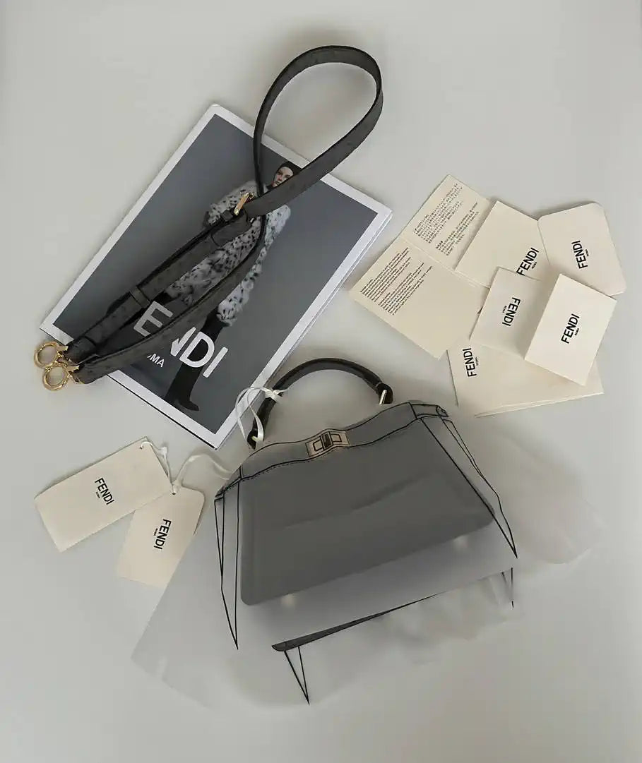 Fendi 8BN335A7SKF199A Peekaboo ISeeU Petite Gray ostrich leather bag