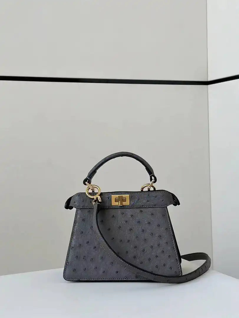 Fendi 8BN335A7SKF199A Peekaboo ISeeU Petite Gray ostrich leather bag