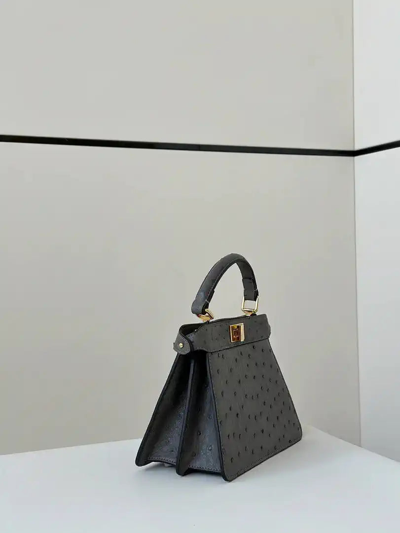 Fendi 8BN335A7SKF199A Peekaboo ISeeU Petite Gray ostrich leather bag