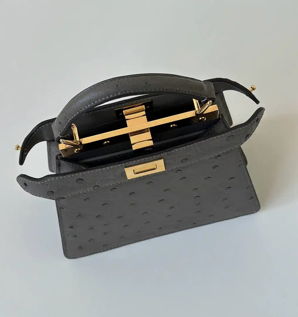 Fendi 8BN335A7SKF199A Peekaboo ISeeU Petite Gray ostrich leather bag