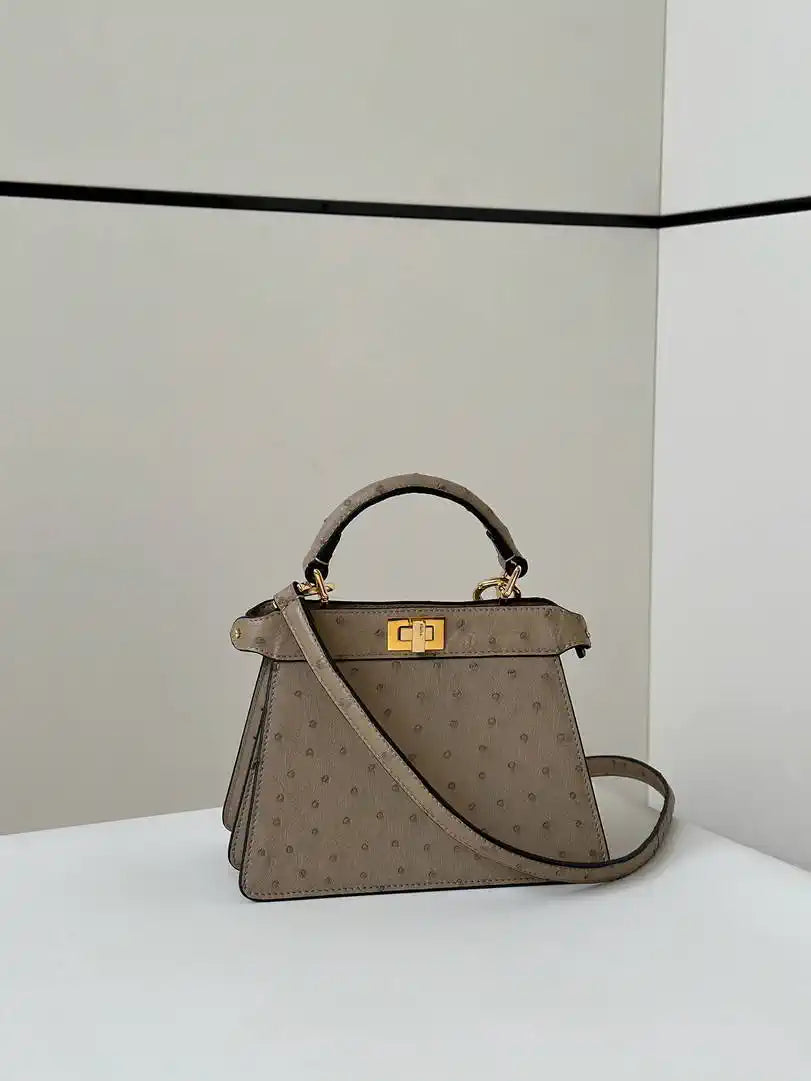Fendi 8BN335A7SKF199A Peekaboo ISeeU Petite Taupe ostrich leather bag