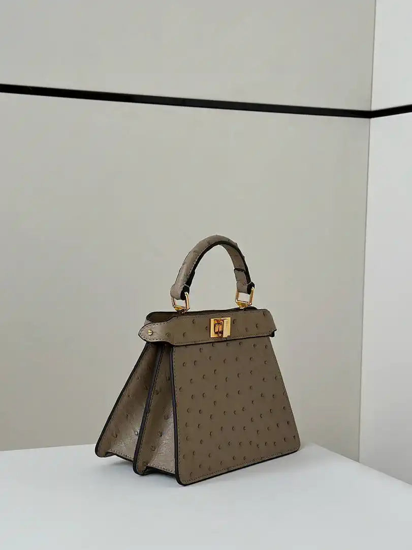 Fendi 8BN335A7SKF199A Peekaboo ISeeU Petite Taupe ostrich leather bag