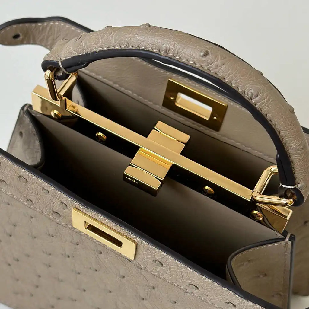 Fendi 8BN335A7SKF199A Peekaboo ISeeU Petite Taupe ostrich leather bag