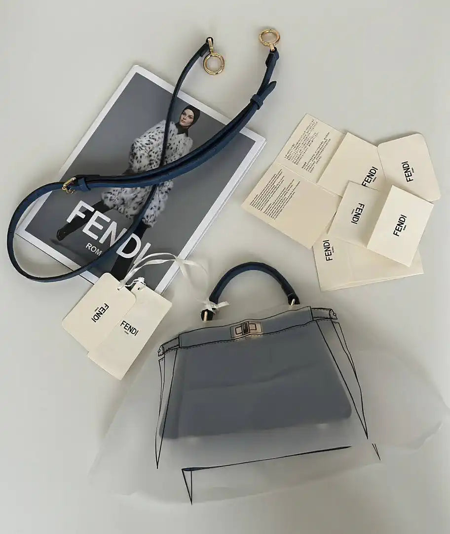 Fendi 8BN335A7SKF199A Peekaboo ISeeU Petite Blue ostrich leather bag