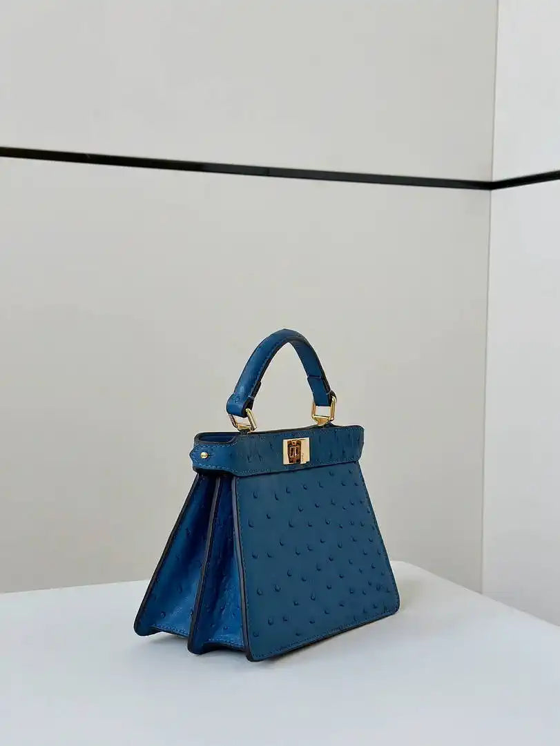 Fendi 8BN335A7SKF199A Peekaboo ISeeU Petite Blue ostrich leather bag