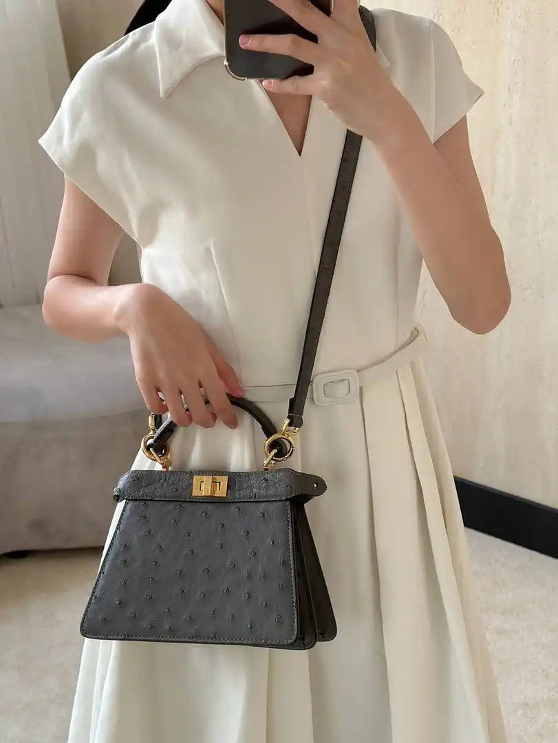 Fendi 8BN335A7SKF199A Peekaboo ISeeU Petite Taupe ostrich leather bag
