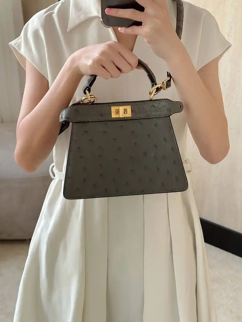 Fendi 8BN335A7SKF199A Peekaboo ISeeU Petite Taupe ostrich leather bag