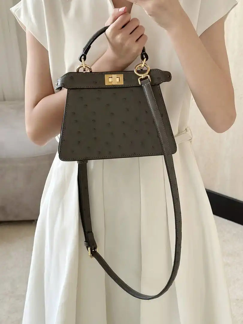 Fendi 8BN335A7SKF199A Peekaboo ISeeU Petite Taupe ostrich leather bag