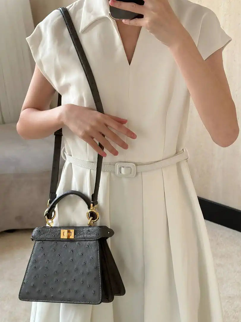 Fendi 8BN335A7SKF199A Peekaboo ISeeU Petite Taupe ostrich leather bag