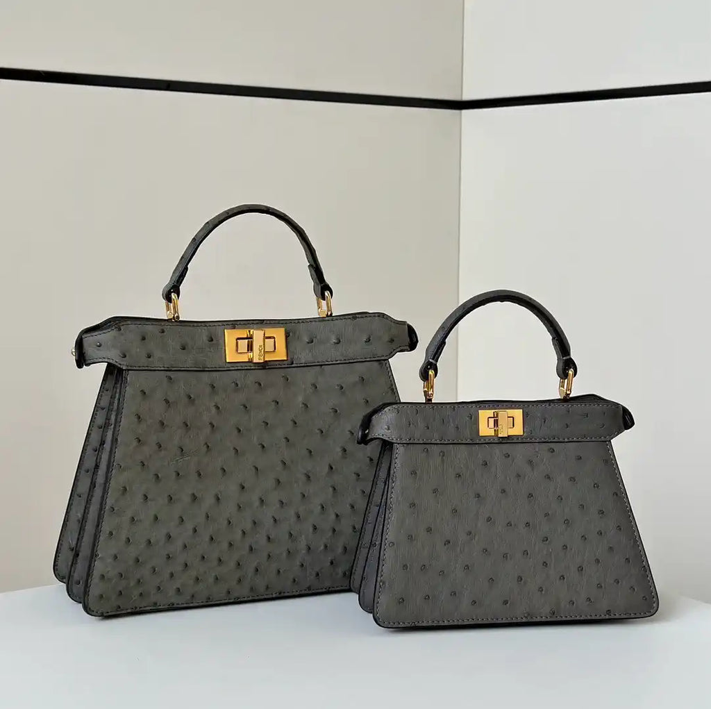 Fendi 8BN327 Peekaboo ISeeU Small Gray Ostrich leather bag